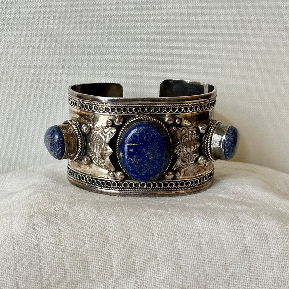 Vintage Sterling Silver & Lapis Lazuli Cuff Bracelet – 1970s Tribal Revival, 96g
